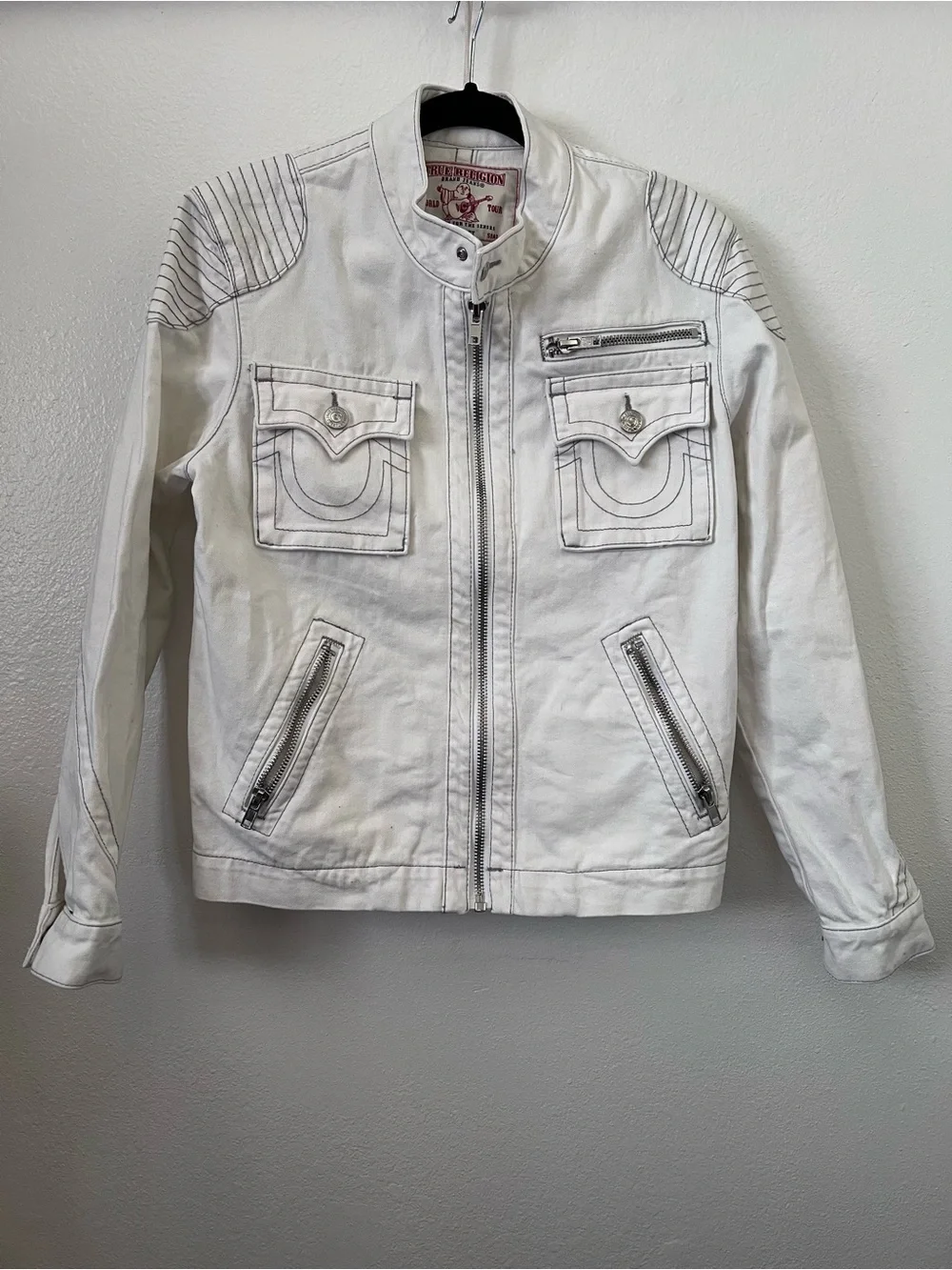 Vintage Y2K True Religion White Denim Moto Jacket Size S NWOT